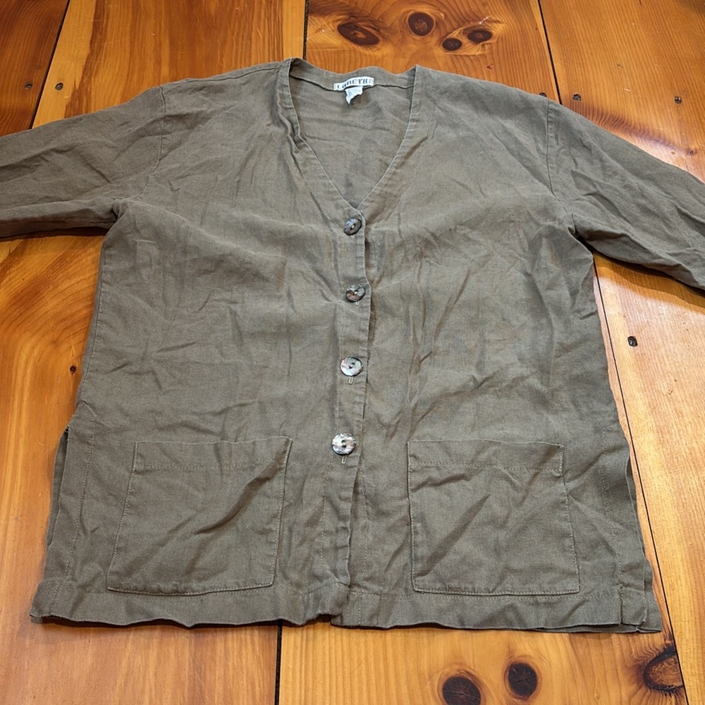 LISBETH Oslo M Taupe Brown V-Neck Button Up Layering Lagenlook Top
